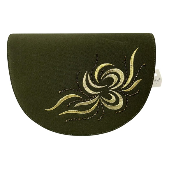 NEW Evening Clutch Purse Womens Green Half Moon Beaded Embroidered Faux Suede - Picture 2 of 12